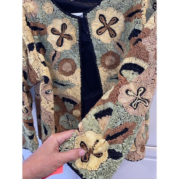 Silk Cocktail Jacket Life & Style Broquet Sequin Beaded Black Gold Olive Med - Picture 12 of 16